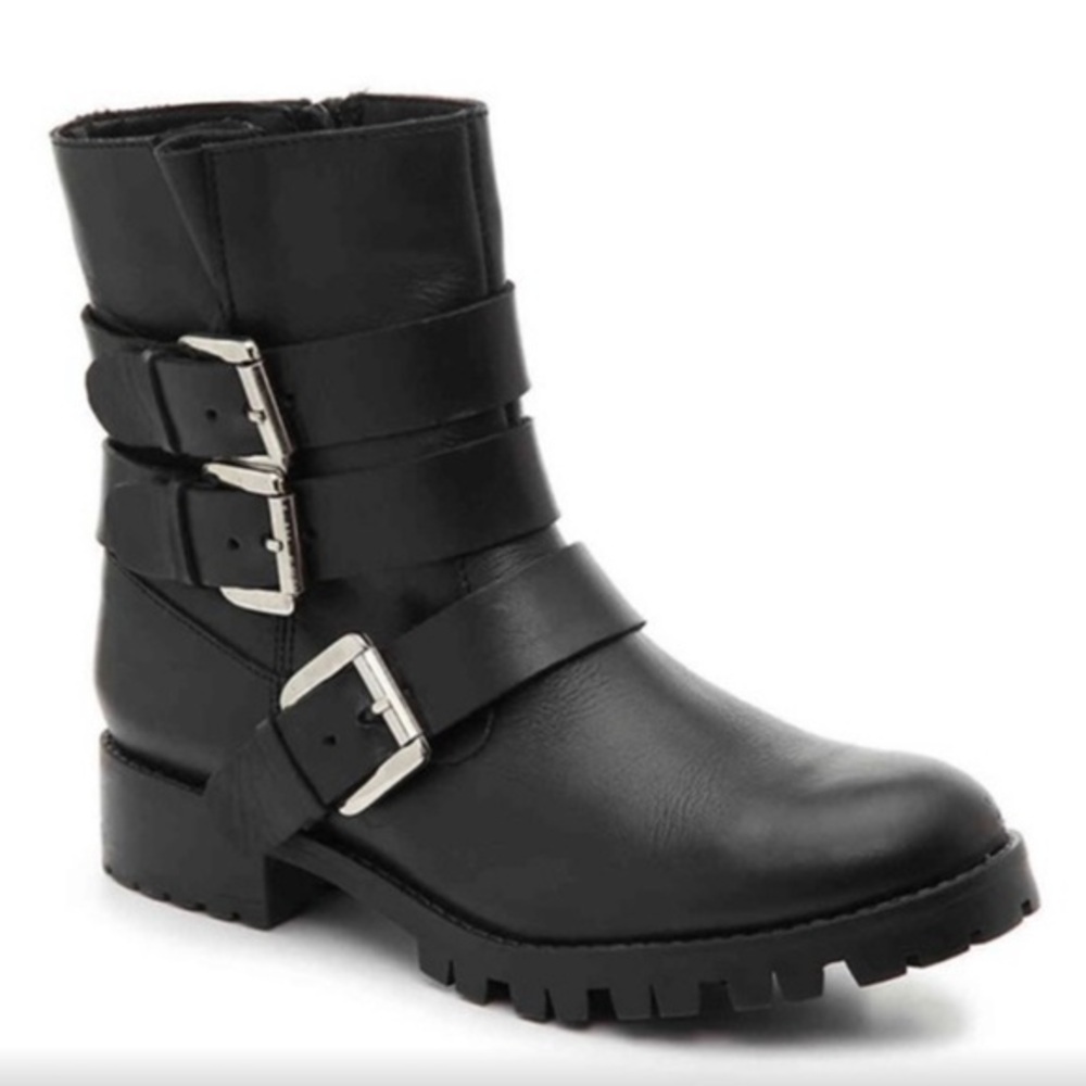 Steve Madden "Ming" Leather Motorcycle Bootie w/Buckles, Black, Women's size 8